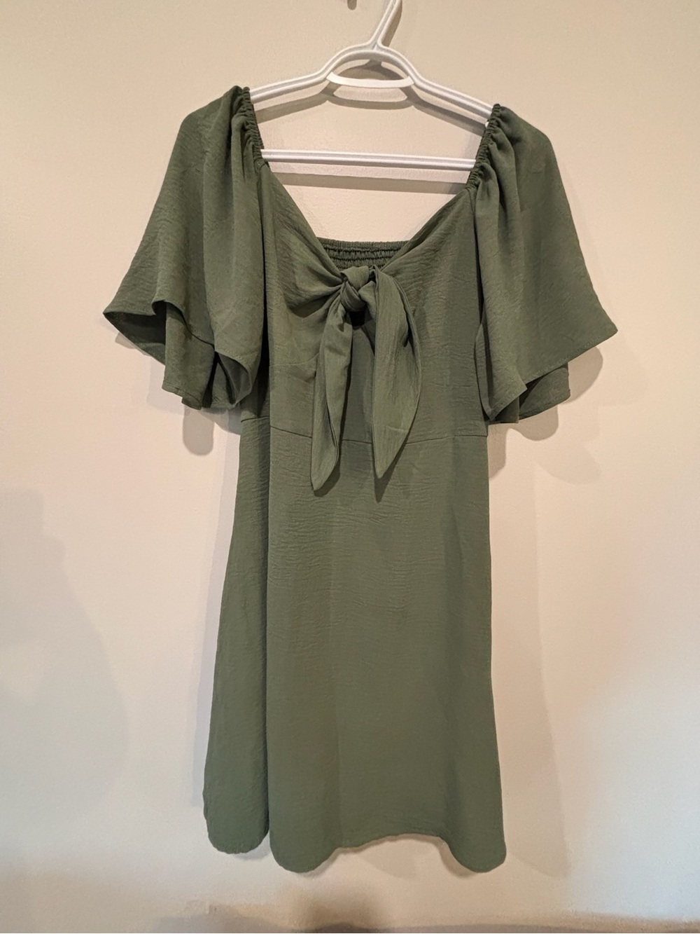 Tie-Front Flutter Sleeve Dress in Olive Green